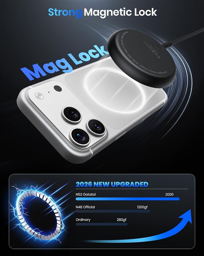 Magnetic Wireless Charger 5FT Qi2 25W Fast Charging Pad Compatible with MagSafe for iPhone Air/17e/17/16/15/14/13/12/Pro/Pro Max Series &amp AirPods 4/3/2/Pro &amp More (with 30W Adapter)