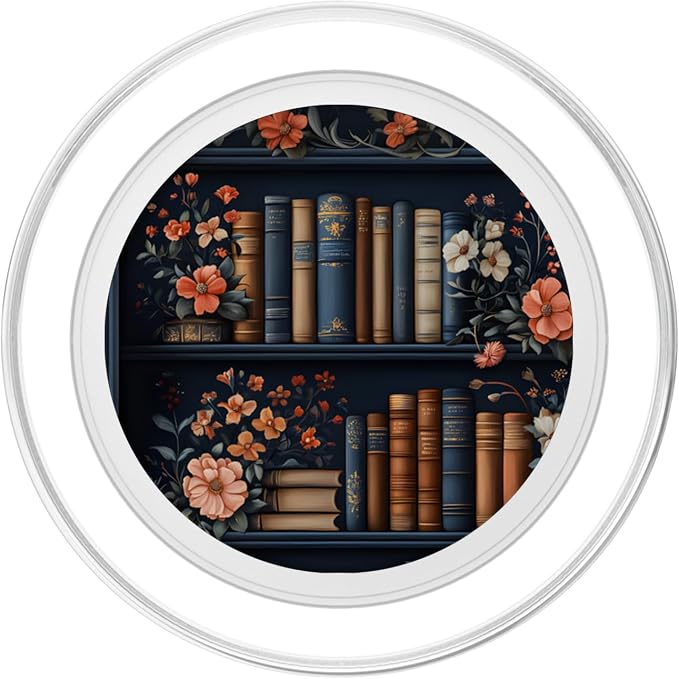 Dark Library Bookshelf with Vintage Books and Flowers PopSockets Adhesive PopGrip