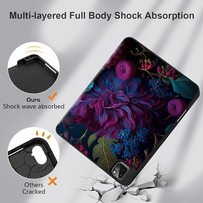 MEEgoodo for iPad Pro M2 12.9 Case 6th/5th/4th/3rd Generation 2022 2021 2020 2018 with Pencil Holder Tablet Cover with Soft TPU Back Shell Art Painted Flowers