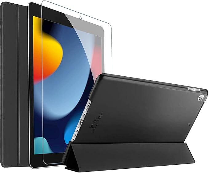 ProCase iPad 10.2 Case 2021 9th Gen/ 2020 8th Gen/ 2019 7th Gen Case with Tempered Glass Screen Protector Slim Stand Hard Shell Protective Smart Cover for 10.2” iPad 9th/8th/7th Generation -Black