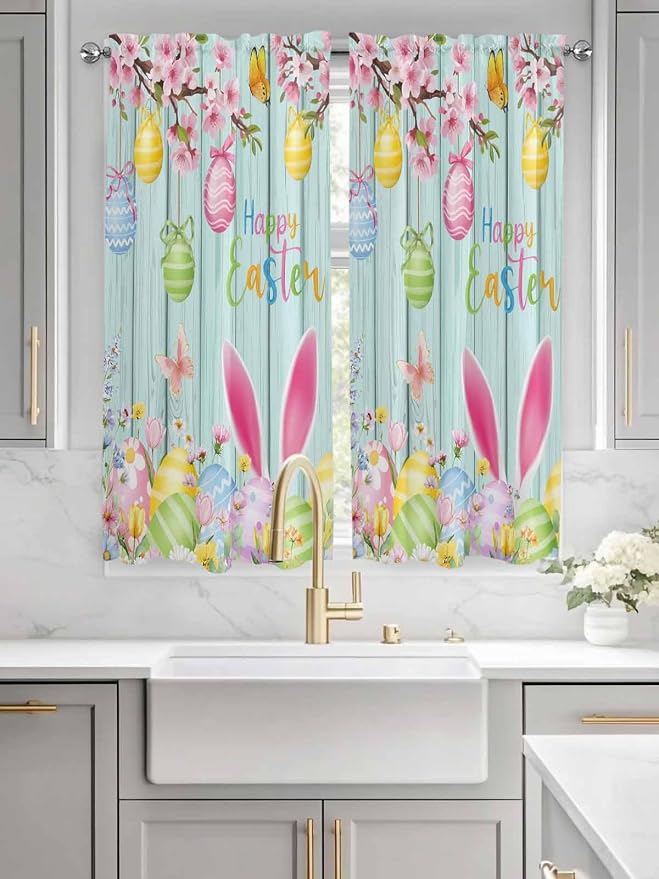 Happy Easter Living Room Curtains 72 Inches length, Spring Bunny Eggs Flower