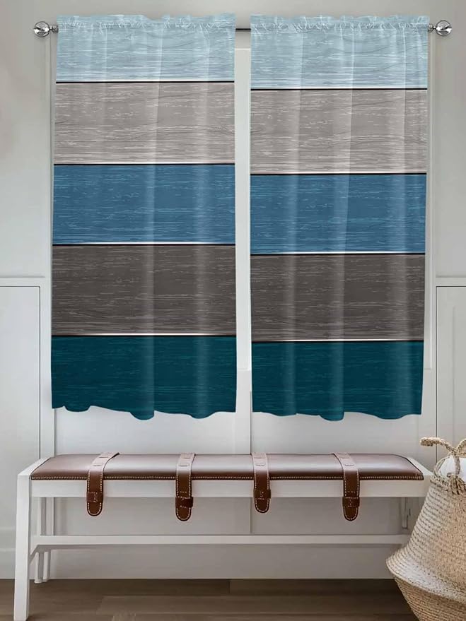 Retro Farm Blue Gray Wood Grain Window Valance Curtains, Rustic Wooden Plank