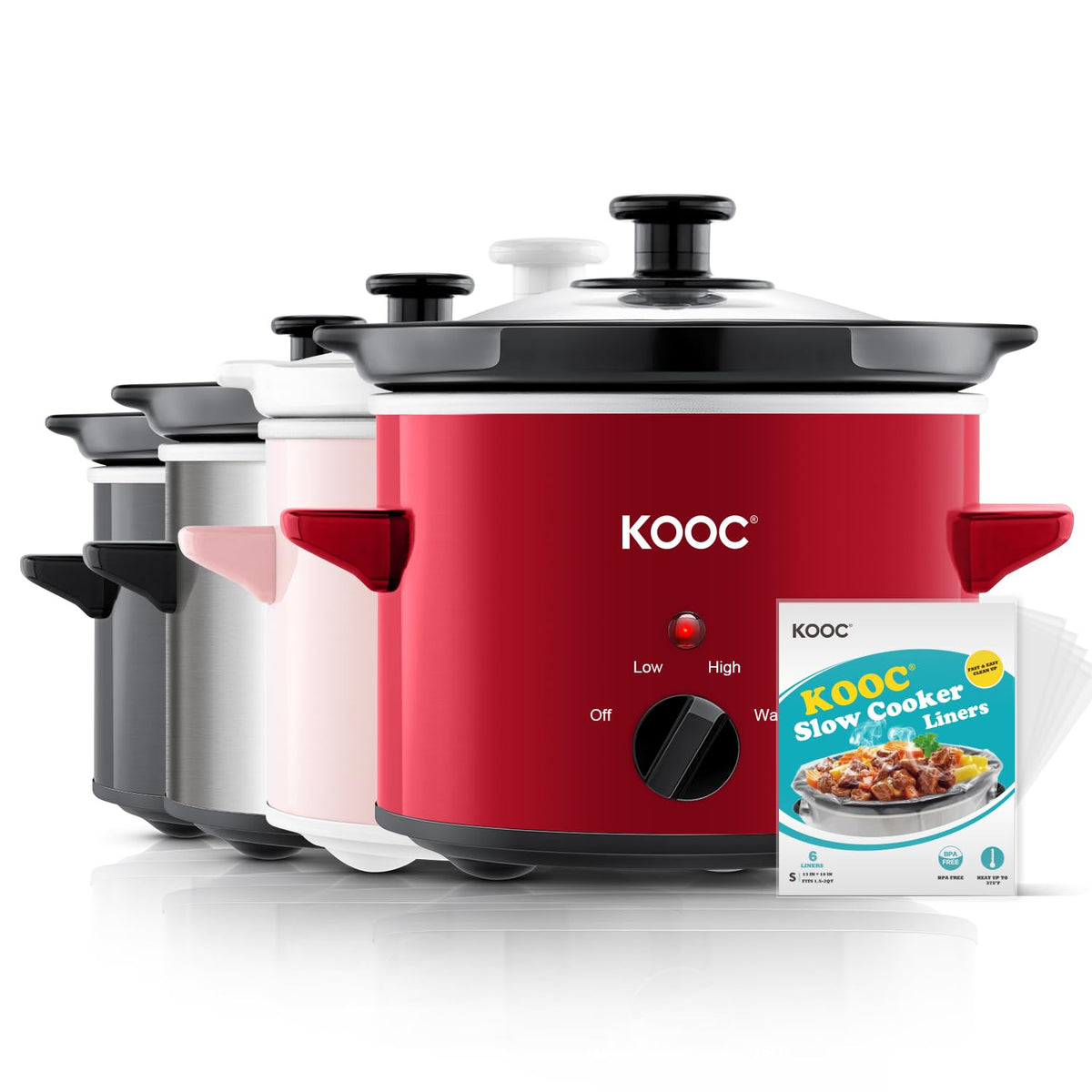 KOOC 2QT Slow Cooker with Free Liners Included, Small Slow Cooker, Silver