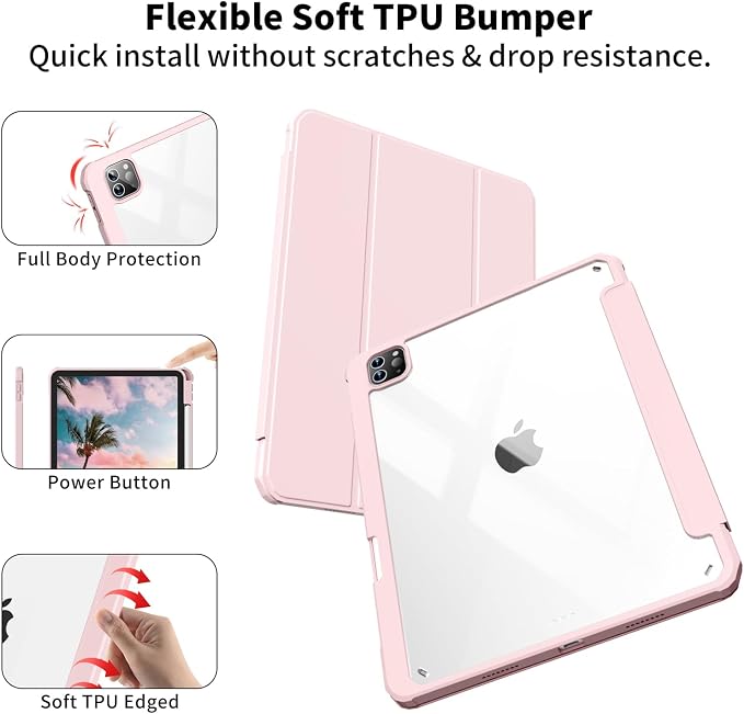 Clear Case for iPad Pro 12.9 inch 6th/5th/4th/3rd Gen 2022/2021/2020/2018 with Pencil Holder Lightweight Shockproof Trifold Stand Transparent Acrylic Back Cover Auto Wake/Sleep Black