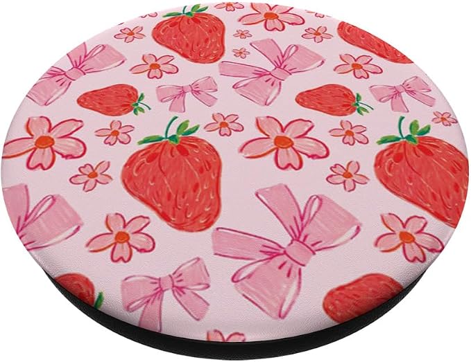 Cute Pink Strawberry Bow Pattern Girly Aesthetic Flower PopSockets Adhesive PopGrip