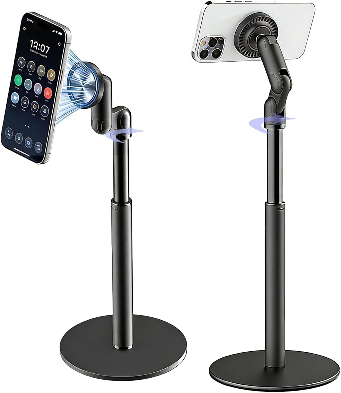 Magnetic Cell Phone Stand for MagSafeHeight Adjustable Holder for Desk | 360°Rotation Compatible with iPhone 17/16/15/14/13/12 Pro Max and All Phones