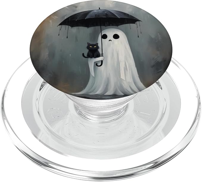 Ghost Holding Umbrella with Cat Halloween PopSockets Adhesive PopGrip