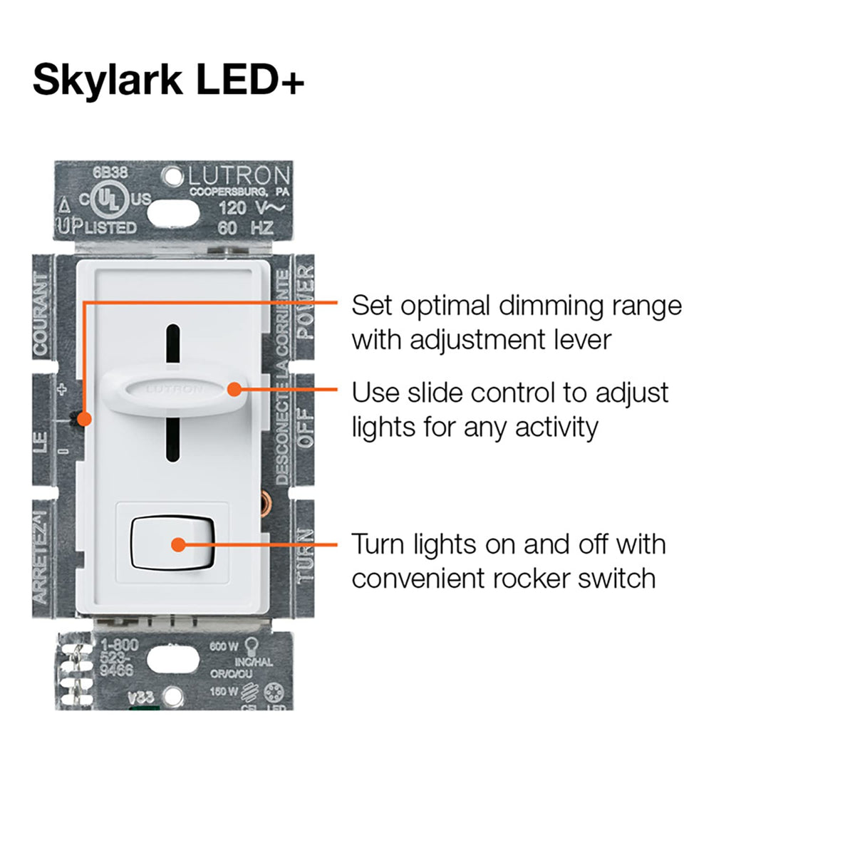 Lutron Skylark LED+ Dimmer Switch for Dimmable LED, Lutron Dimmer Switch For Halogen and Incandescent Bulbs, 150W/Single-Pole or 3-Way, SCL-153P-WH, White