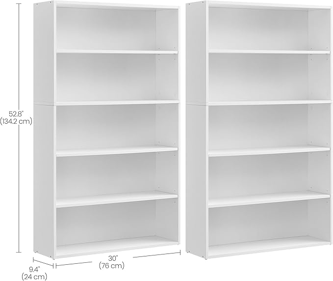 VASAGLE Set of 2 Bookshelves, 30 Inches Wide, 5-Tier Open Bookcases with Adjustable Storage Shelves, Floor Standing Units, Cloud White ULBC175T14-2