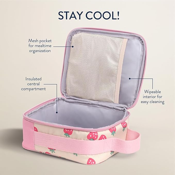 Itzy Ritzy Toddler Lunch Box - Kids Lunch Bag is Insulated and Includes Water Bottle Holder Plus 2 Pockets - Durable, Easy to Clean Toddler Bag (Strawberry)