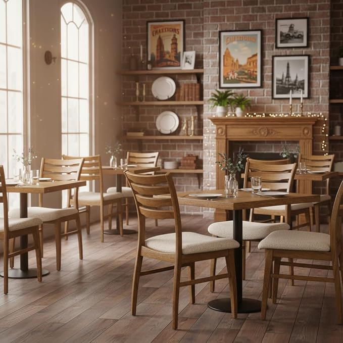 DUOMAY Farmhouse Dining Chairs Set of 6, Fur Beige Upholstered Side Chairs Solid Wood Ladder Back Kitchen Chairs for Home Dining Room, Browm Frame