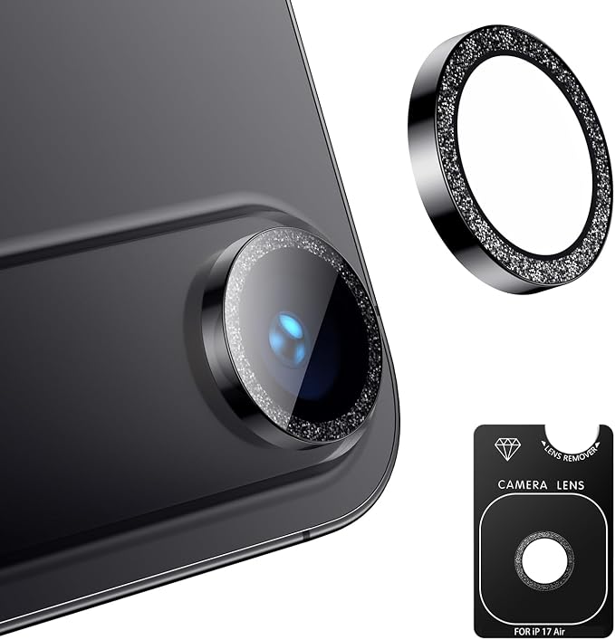 Korecase for iPhone 17/iPhone 16/iPhone 16 Plus Camera Lens Protector Bling 9H Tempered Glass Anti Scratch Camera Screen Protector Shockproof Film Metal Ring Lens Protector Glitter-Black
