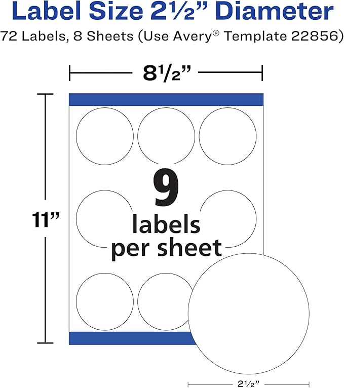 Avery Durable Waterproof Round Labels with Sure Feed Technology, 2.5" Diameter, White, Laser & Pigment-Inkjet Compatible, 72 Blank Labels Total, Great for Branding, Packaging, and More (22856)