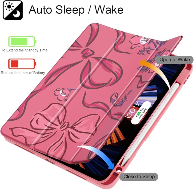 Mektron Case for iPad Pro 11 inch Case M2 2022 Generation 4th Fit 2021 2020 2018 iPad Pro 11 (3rd 2nd &amp 1st Gen) -Buit in Pencil Holder with Shockproof Cover Clear Shell Blue Bows &amp Flower