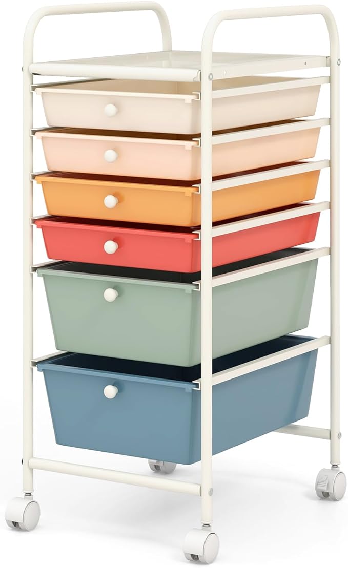 COSTWAY 6-Drawer Rolling Storage Cart, Multifunctional Art Craft Tools Organizer on Wheels, Heavy Duty Utility Mobile Storage Trolley w/ 2 Lockable Wheels for Home Office School, Macaron