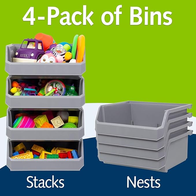 Plastic Containers for Organizing and Storage Bins for Closet, Kitchen, Office, Garage or Pantry Organization, Stackable Bins, Extra Large (14.8" x 16.5" x 7"), 4-Pack, Grey