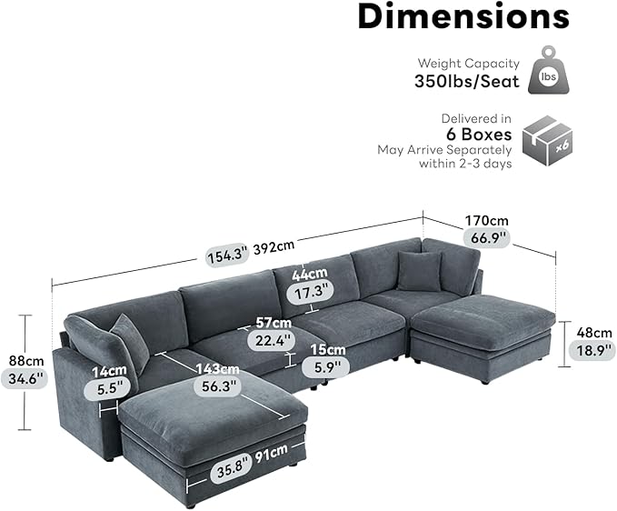Tbfit Modern Sectional Sofa with Storage, Down-Filled Cushions, 154" W Cloud Couch for Home, Living Room, Grey