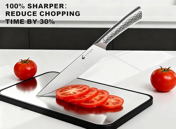 Livtek Kitchen Knife Set with Block: 15-Piece German Stainless Steel with Dual Sharpener for Cook Enthusiasts - Covers 95% Kitchen Tasks - Silver Full-Tang Ergonomic Handle, Dishwasher Safe, Gift Box