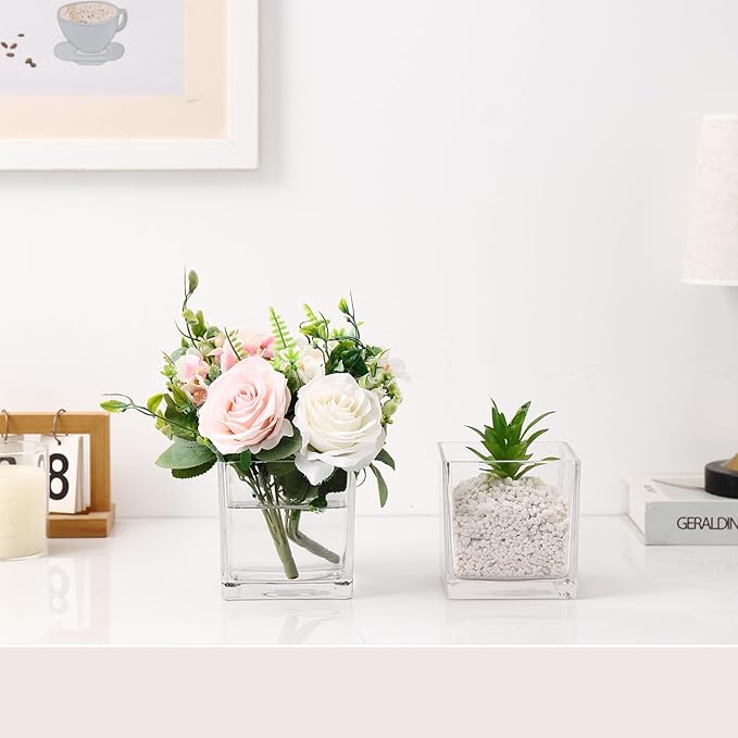 Square Glass Vases Set of 6, 4" x 4" x 4" Square Flower Vases for Centerpieces, Clear Vase for Flowers, Small Vase for Wedding, Party, Home Office Decoration