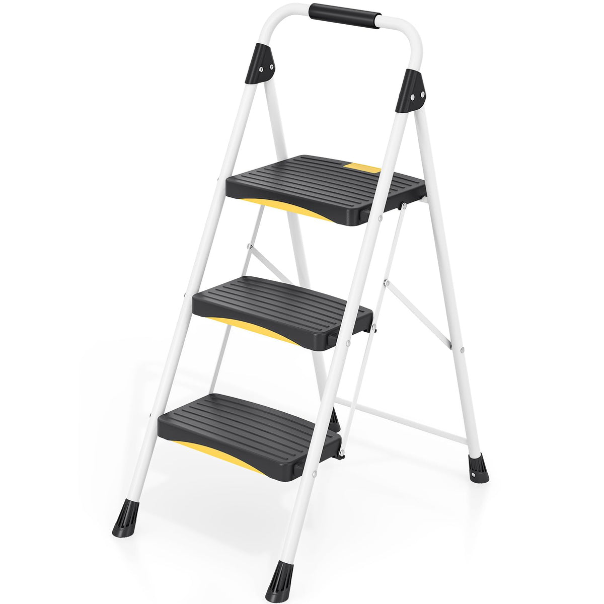 Urackify 3 Step Ladder, Folding Steel Step Stool with Safety Lock, Anti-Slip Wide Pedals, Pass 800lbs Load Testing, Handrail, Heavy Duty Portable Ladder for Multi-Purpose, Indoor, Office, Kitchen