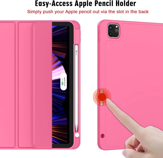 New iPad Pro 11 Inch Case 2022(4th Gen)/2021(3rd Gen)/2020(2nd Gen) with Pencil HolderSmart iPad Case [Support Touch ID and Auto Wake/Sleep] with Auto 2nd Gen Pencil Charging (Deep Pink)