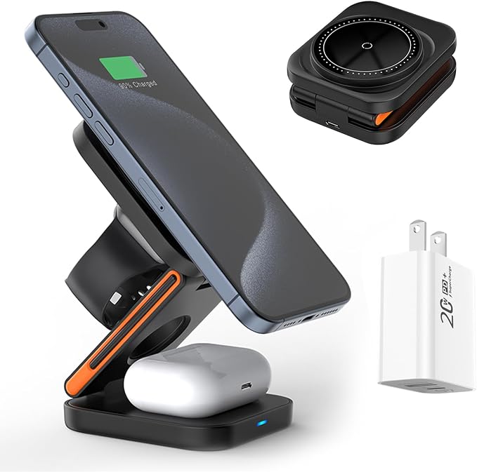 3 in 1 Wireless Charging Station Foldable Magnetic Travel Charger Stand Compatible with iPhone 16/15/14/13/12 SeriesWatch(20W USB-C Charger Included)