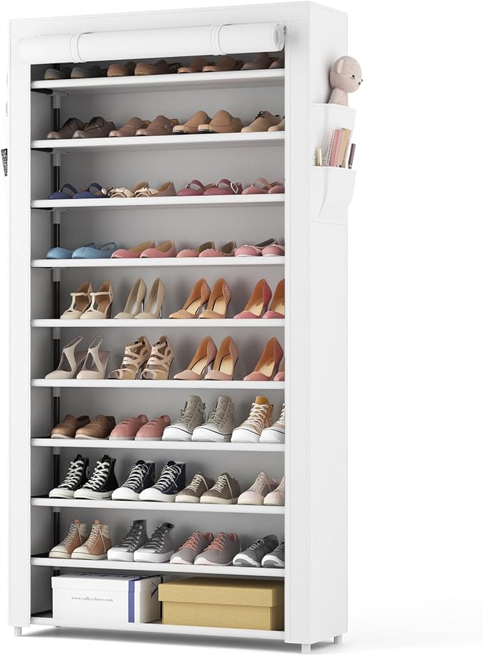 ROJASOP Shoe Rack with Covers 10 Tier Large Shoe Organizer Tall Shoe Closet Storage for 50-55 Pairs Shoe and Boot, Free Standing Shoe Rack Organizer for Closet, Entryway, Bedroom, White