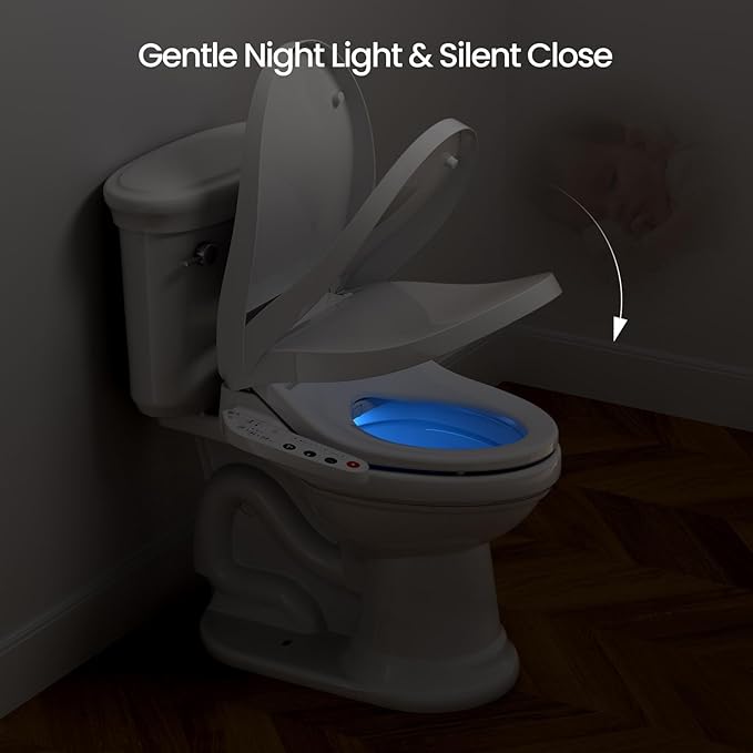 R&T V2601 Electric Bidet Seat For Elongated Toilet, Smart Toilet Seat with Heated Seat, Adjustable Temperature, Warm Air Dryer, Night Light