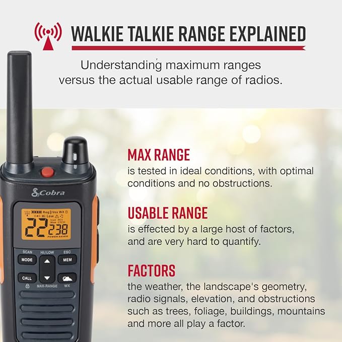 Cobra RX680 Walkie Talkies (2-Pack) - Rugged & Splashproof Two Way Radios Long Range, IP54 Water Resistant Design, 60 Pre-Programmed Channels, Weather Alerts, Included Charging Dock (Black/Orange)