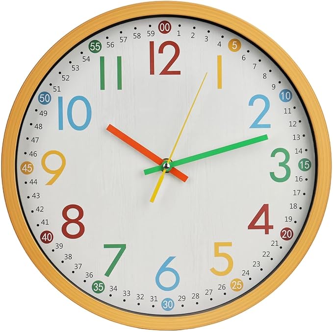 bakbrand Kids Wall Clock Silent Non-Ticking Colorful Childrens Clock Round Decorative Wall Clocks for Classroom, School, Office, Bedroom, Living Room, Kitchen (Birch, 12 inch)