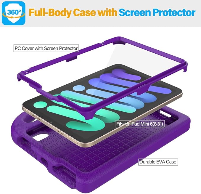 SUPLIK Kids Case for iPad mini 7 (A17 Pro) 2024 &amp iPad mini 6 2021 8.3-inch iPad mini 6th/7th Generation Case with Screen Protector Durable Shockproof Kids Cover with Handle Stand Black