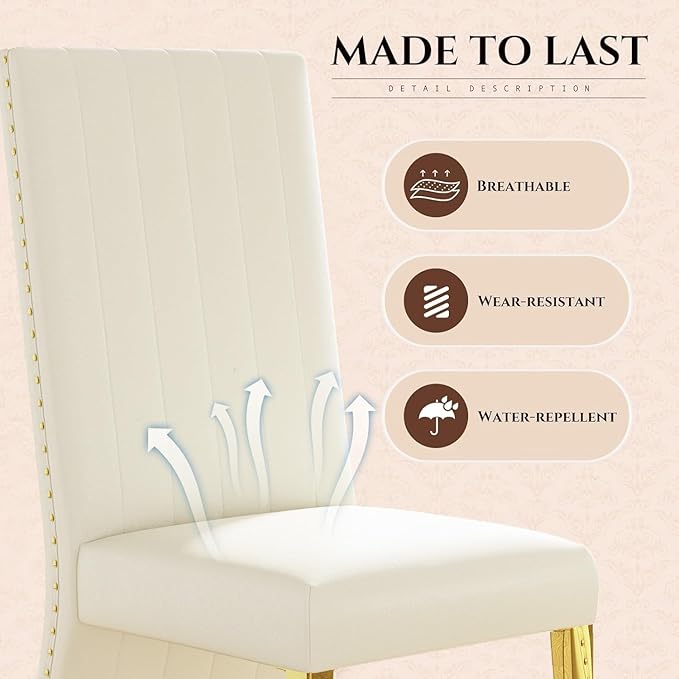 Dining Chairs, White Faux Leather Upholstered Dining Chair with Nailhead Trims, Gold Dining Room Chairs Set of 6