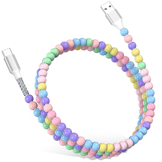 Jelanry 3FT USB-A to USB-C Fast Charging Cable Beaded &ampData Sync Women Girl | Cute kawaii beaded cable for iPhone 17/16/15 Samsung S26/S25/S24 Pixel iPad Fast charge for daily use office &amp tra