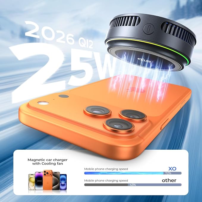 Qi2.2 Wireless Charger【25W Fast Charging+Cooling Fan】 Magnetic Charger Pad with 2 ModesLED Light Phone Holder Fast Charging Compatible with iphone17/16/15/14/13/12 Series (with 45W Adapter)