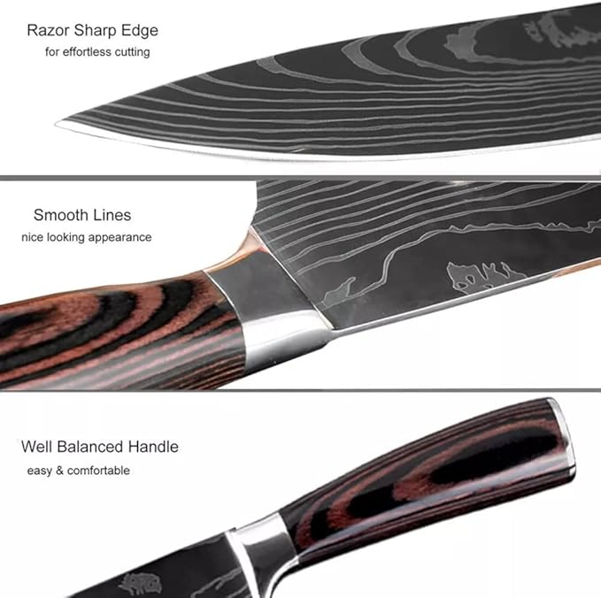 The Epicurean Cook Majesty 8pc Damascus-Pattern Chef Knife Set, Pakkawood