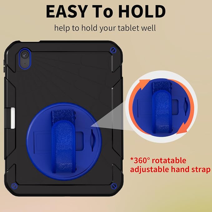 for iPad (A16) 11th/10th Generation Case 2025/2022 (11″/10.9″) Sturdy Heavy Duty Full-Body Shockproof Protective Case Rotating Stand Hand/Shoulder Strap (Black)