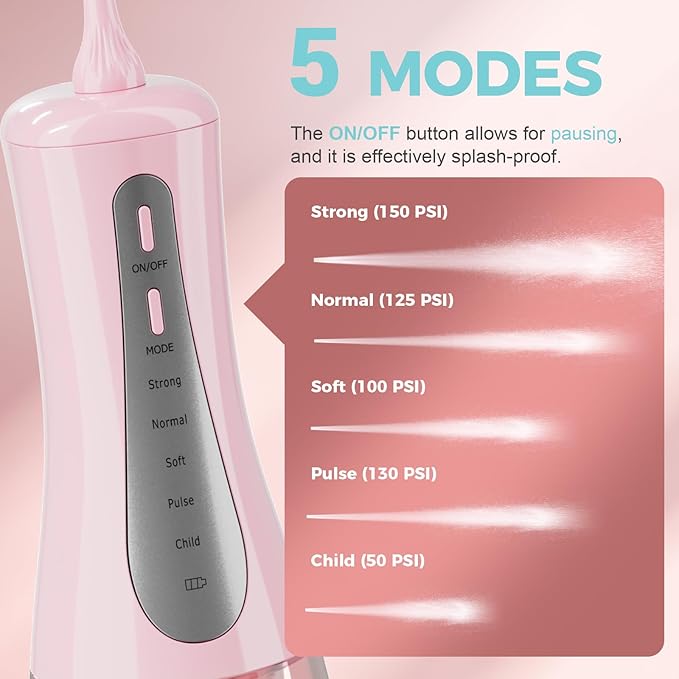 GOLDANT 350ML Water Dental Flosser Teeth Pick with Travel Bag, 5 Modes Portable Cordless Oral Irrigator Cleaner, Electric Rechargeable IPX7 Waterproof for Home Travel Teeth Cleaning flossing (Pink)