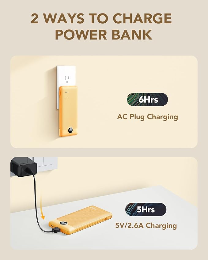 VRURC Portable Charger Power Bank Built-in Cables and AC Wall Plug | USB C Portable Bank 10000mAhTravel Essentials Phone Charger Compact External Battery Pack for Smart PhonesTablets-Black