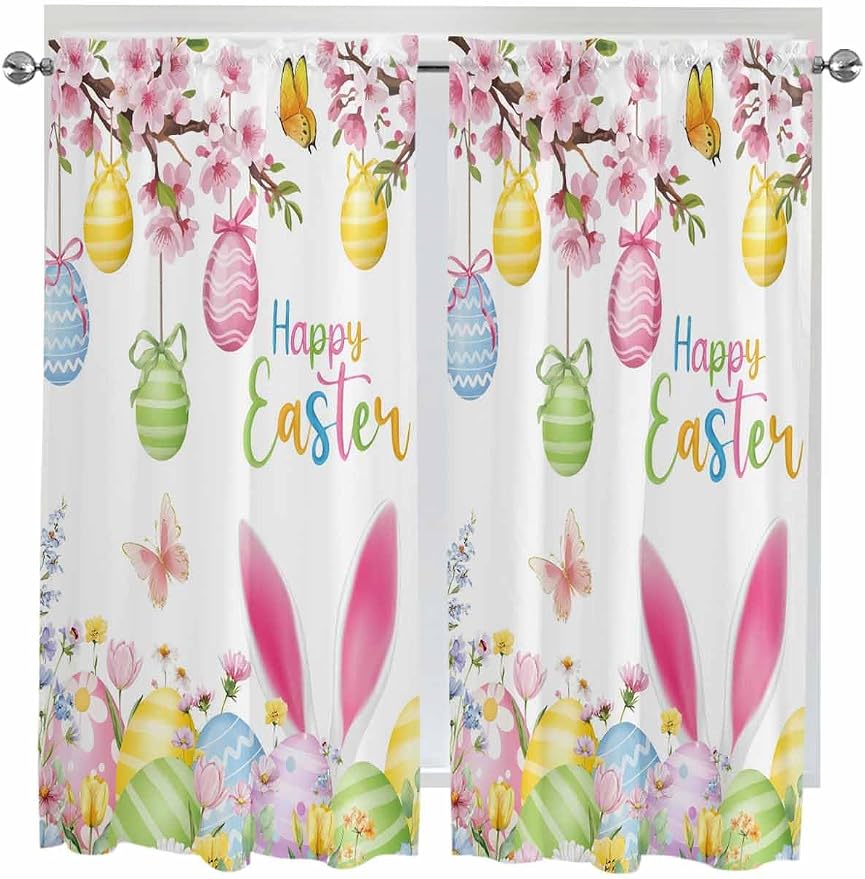 Happy Easter Living Room Curtains 72 Inches length, Spring Watercolor Bunny