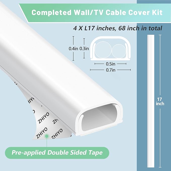 Wire Covers for 2 Cords, 68in Wire Hider on Wall Mounted, Brown Cord Cover Kit, Cable Cover Paintable, Cable Concealer for Extension Cord, Ethernet Cable, Speaker Wire Hider, 4X L17in W0.7in H0.4in