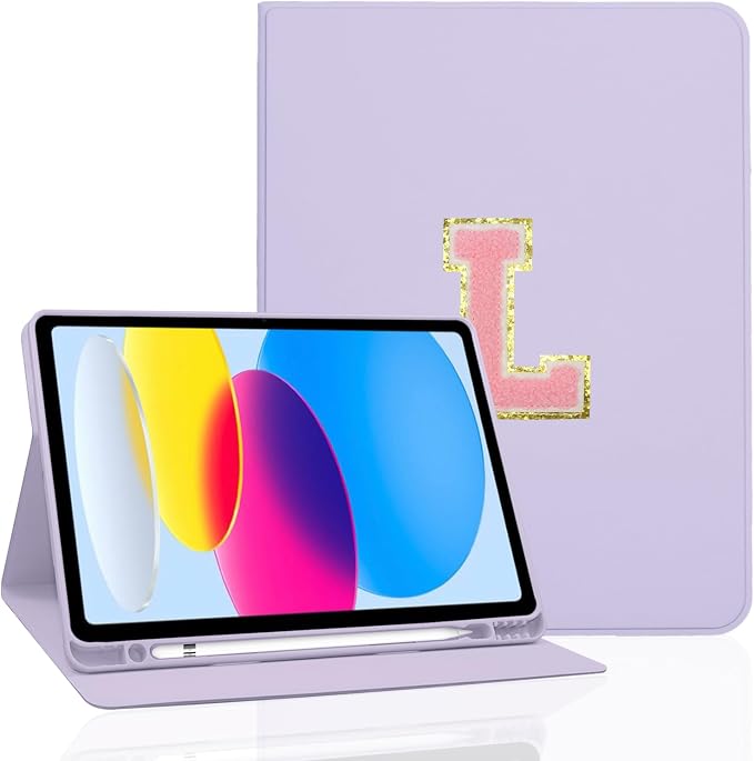 for iPad 9th Generation 10.2 Inch 2021/2020/2019 Case Initial Chenille Letter Suture Personalized for iPad 9th/8th/7th Generation Case with Auto Sleep/Wake Pencil Holder (Black A)