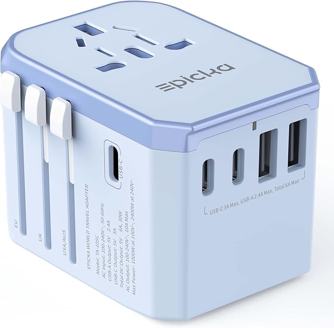 EPICKA Universal Travel Adapter, International Power Adapter with 2 USB-A & 3 USB-C Ports Wall Charger - Worldwide Travel Essentials, European Travel Plug Adapter for UK/US/AU (TA-105C, Blue)