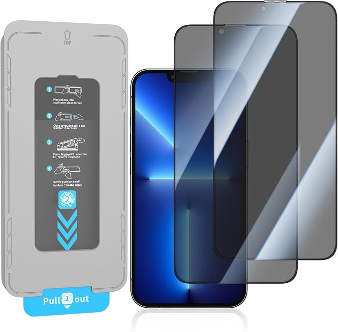 KUZOOM 2Pack Privacy 9H+ Tempered Glass Screen Protector for iPhone 13 | 9H+ Tempered Glass 100% Fingerprint Unlock Automatic Dust Removal Anti-Scratch Protection