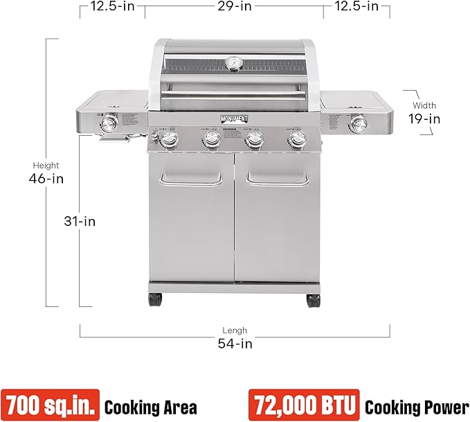 Monument Grills 4+2 Burner 700 sq.in. Large Cabinet Style Stainless Steel Propane Gas Grill with a Clearview® Lid, an Infrared Side Sear Burner & a Side Burner, and a Built-In Thermometer