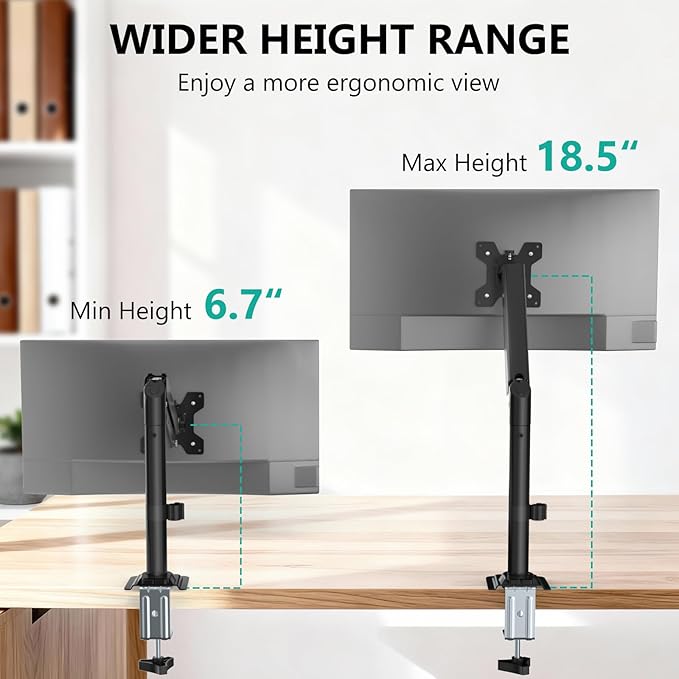 WALI Single Monitor Arm Mount for up to 32 inch Screens, Gas Spring Stand with Full Motion Tilt Swivel Rotation, Holds 19.8 lbs, VESA 75/100, C-Clamp & Grommet Mount (GSDM001S)