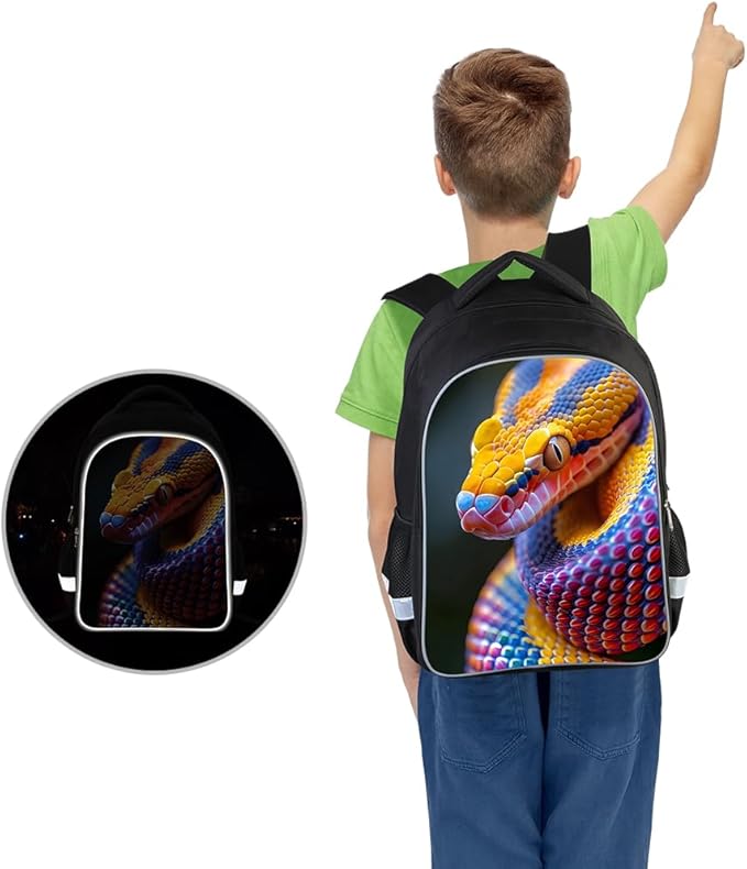 Kids Backpack Lightweight Durable Medium Teens Kids Backpack for School Boys and Girls Bookbag with Adjustable Shoulder Straps & Padded Back 17 Inch School bags with 3D Snake Reflective Cartoon