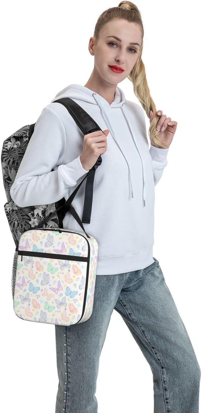 Watercolor Butterflies Insulated Lunch Bag,Kids Lunch Box For Girls Boys Teen,Kid Lunch Box Cooler Bag With Front Pocket For Women Men,Reusable Lunch Tote Bag Lunchbox For School/Work/Picnic/Office