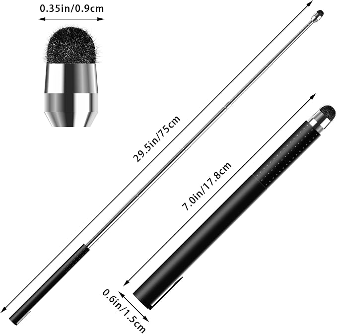 Universal Telescopic Stylus Pen for Touch Screens Retractable Pointer Stick Stylus with Special Flocking Tip Pointers for Classroom Pointer Finger Stick Anti Slip Pen Clip Black