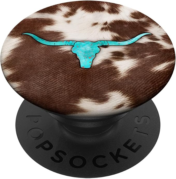 Western Cowhide Cow Print Turquoise Bull Skull Chic Rustic PopSockets Adhesive PopGrip