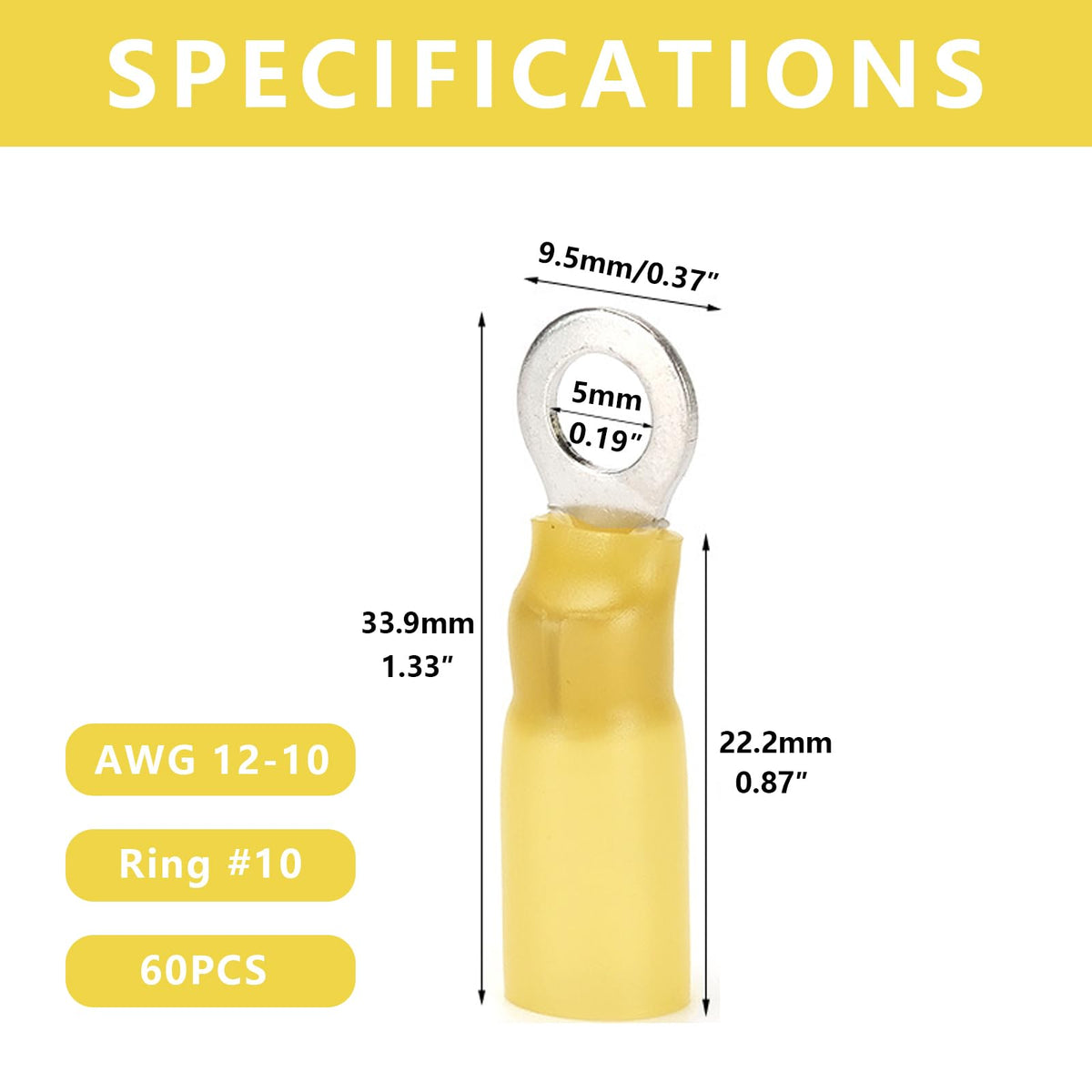 60pcs #10(M5) Heat Shrink Ring Terminals Yellow 12-10 Gauge Tinned Copper Ring Terminals Eyelet Wire Connectors Brazed-Seam Insulated Electrical Crimp Wire Terminals for Boat Truck Stereo Car